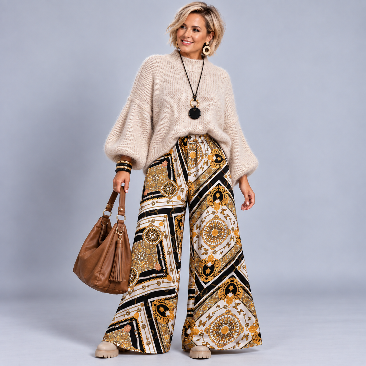 White & Gold Compass Print Palazzo Trousers