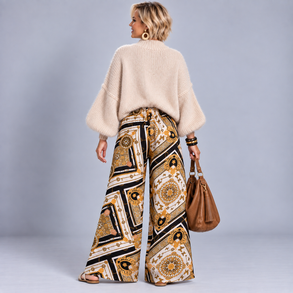 White & Gold Compass Print Palazzo Trousers