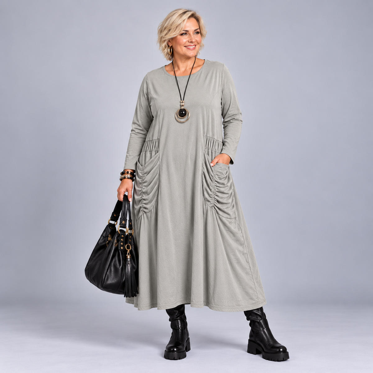 Heavy Cotton Midi Dress with Feature Pockets