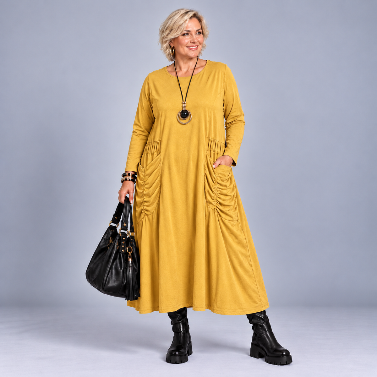 Heavy Cotton Midi Dress with Feature Pockets