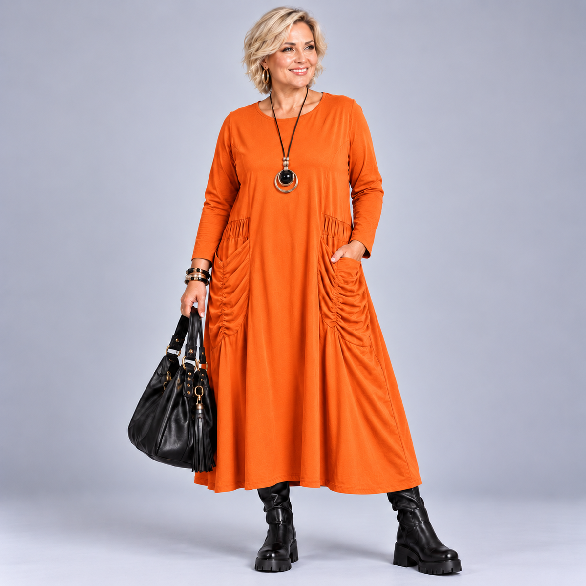 Heavy Cotton Midi Dress with Feature Pockets