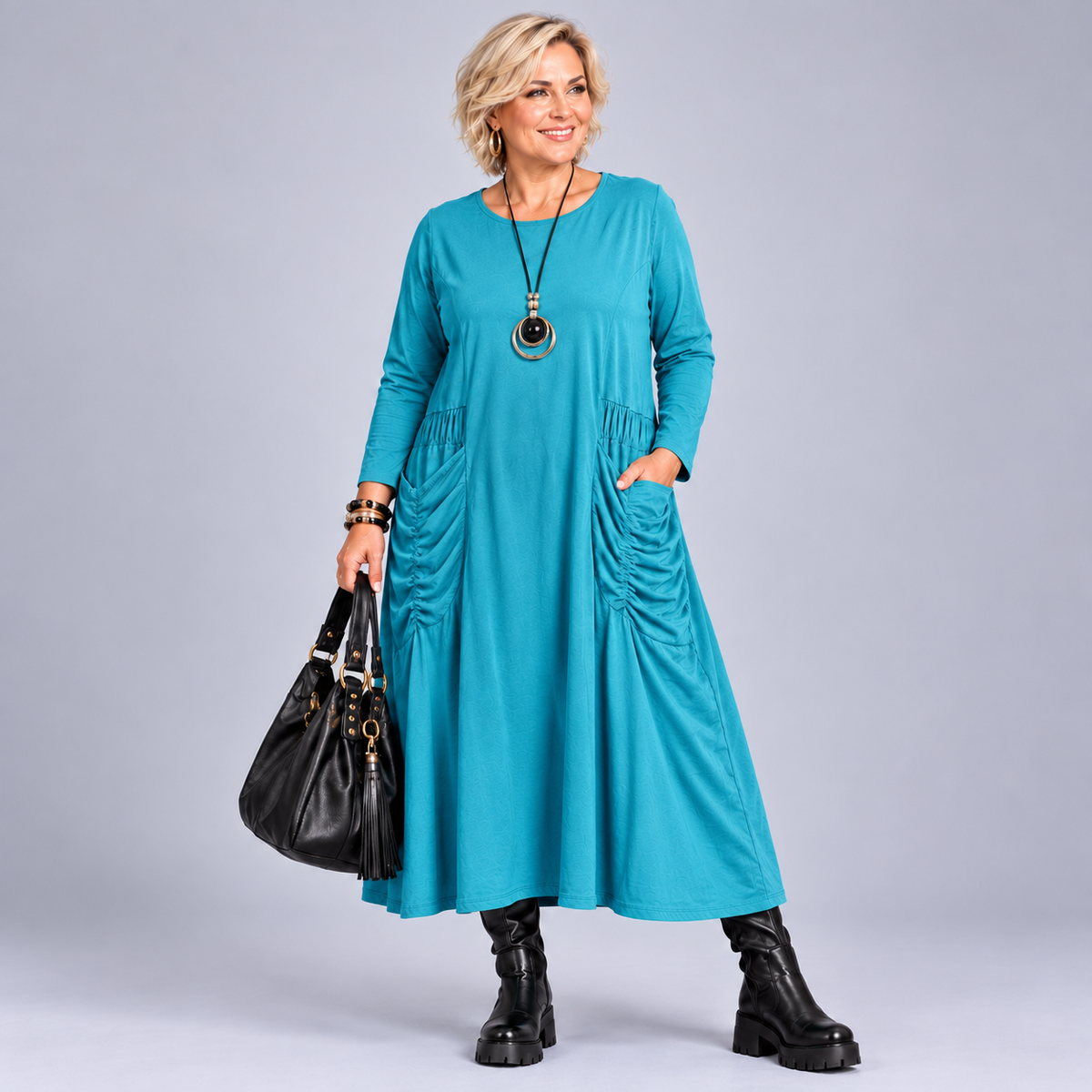 Heavy Cotton Midi Dress with Feature Pockets