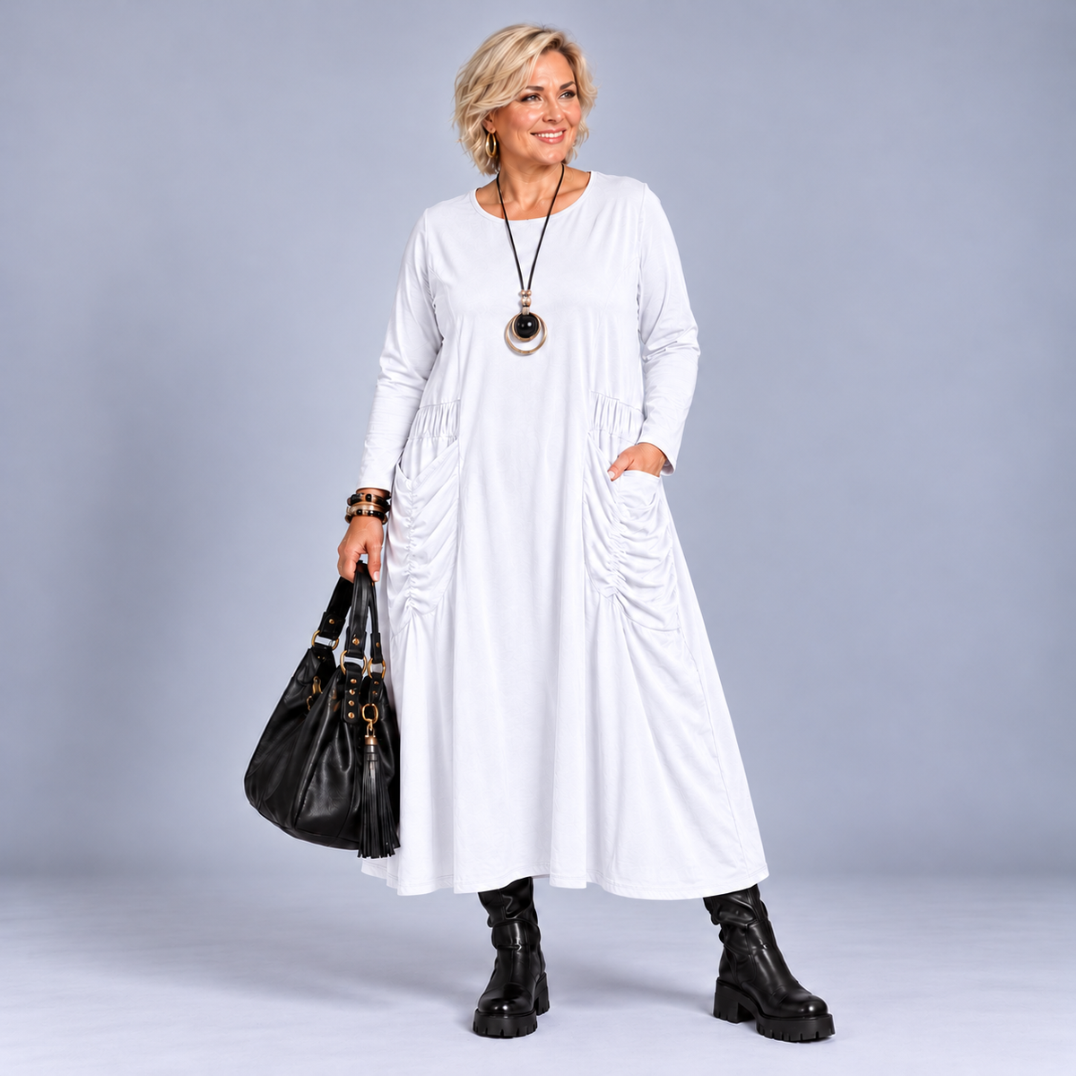 Heavy Cotton Midi Dress with Feature Pockets