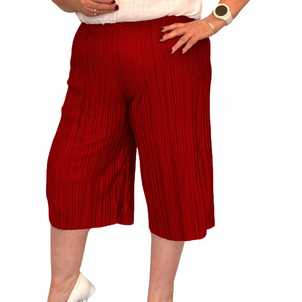 PLAIN CRINKLE PLEATED ELASTIC WAIST CULOTTES / LONG SHORTSRED / UK 12-14