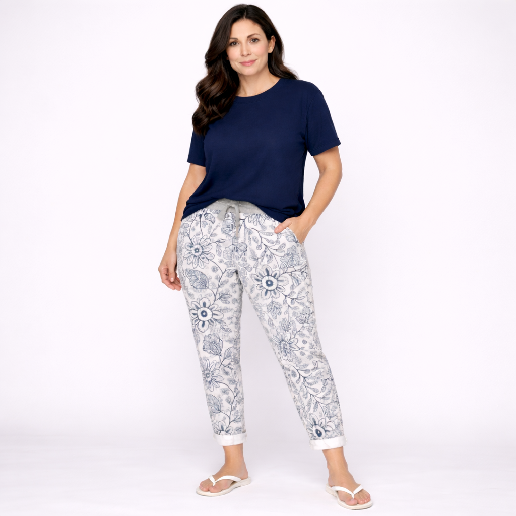 White Navy Floral Print Joggers