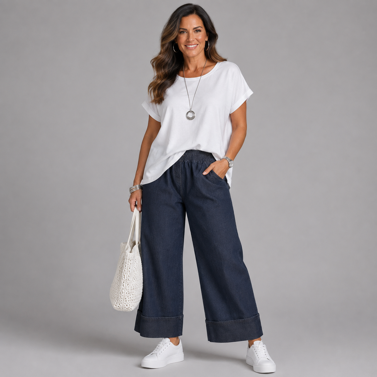 Dark Blue Stretch Denim Flared Jeans with Wide Turn-Ups