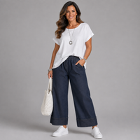 Dark Blue Stretch Denim Flared Jeans with Wide Turn-Ups