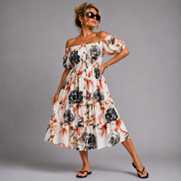 Flower and Leaf Print Elastic Waist Gypsy Dress