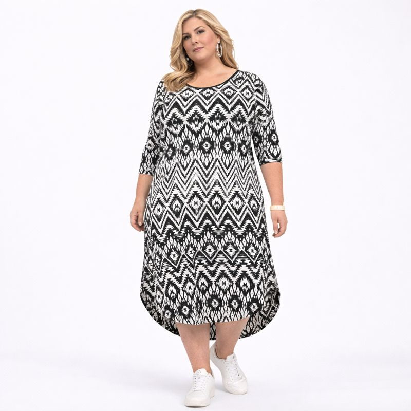 Black + White Aztec Print T-shirt dress with Dipped Hem