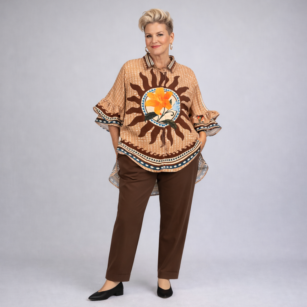 Dipped Hem Linen Mix Frilled Cuff Floral Shirt