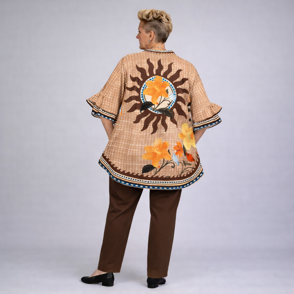 Dipped Hem Linen Mix Frilled Cuff Floral Shirt