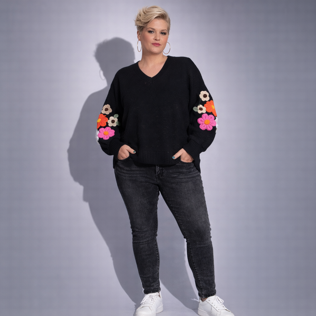 Black V-Neck Jumper with 3D Flower