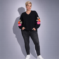 Black V-Neck Jumper with 3D Flower