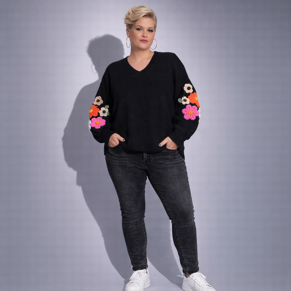 Black V-Neck Jumper with 3D Flower
