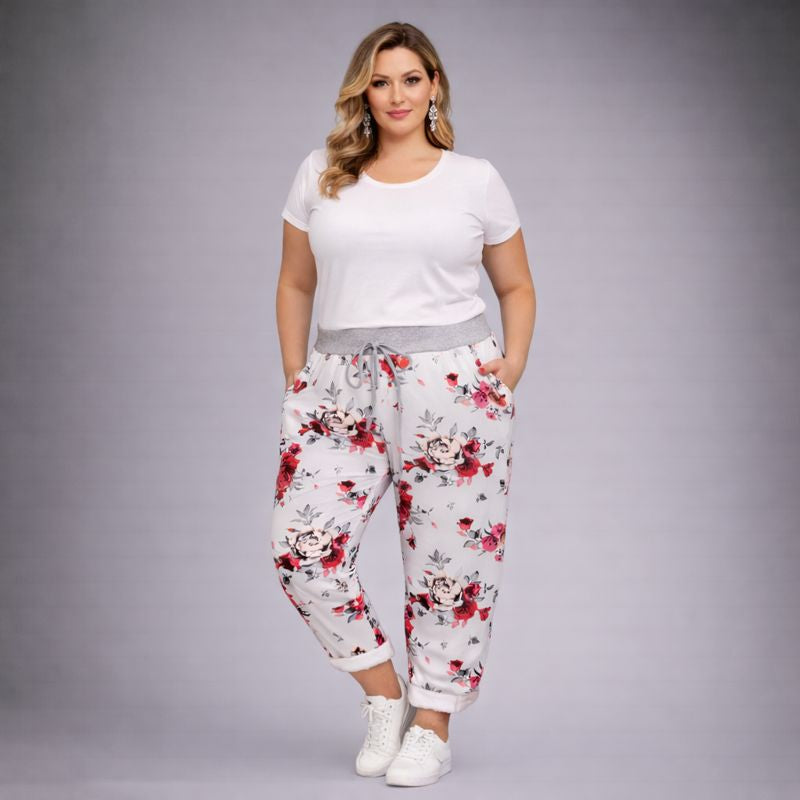 White Pink Floral Joggers with Pockets