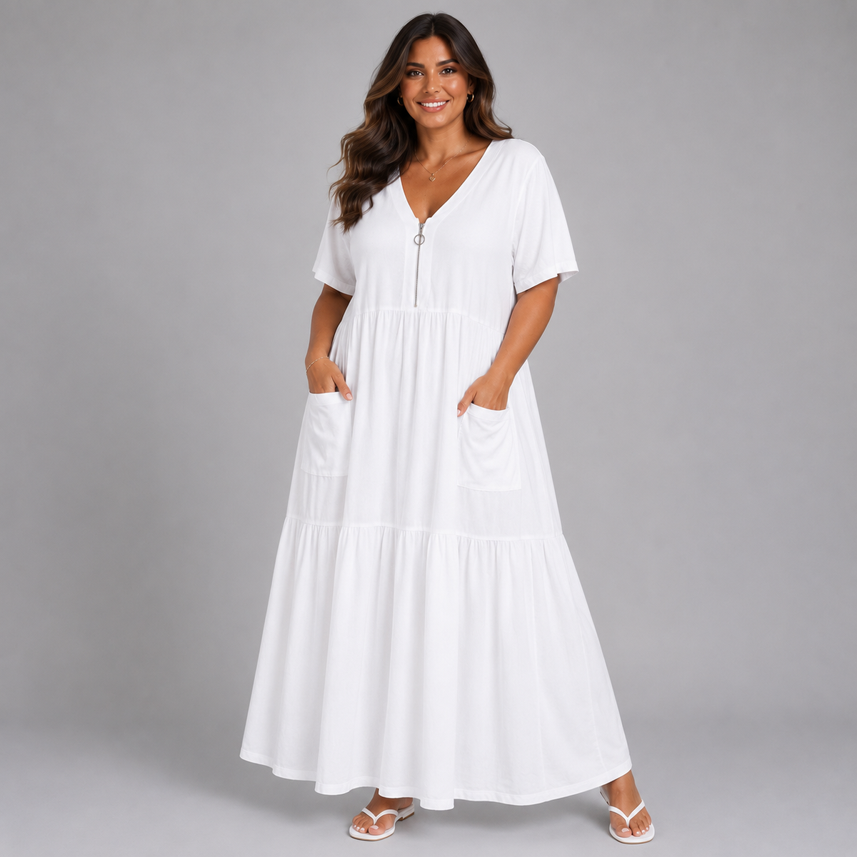 Feature Zip V-Neck Layered Cotton / Linen Maxi Dress
