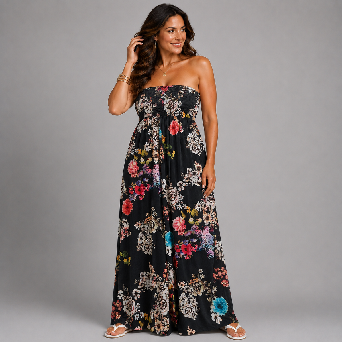 Black Multi Floral Strapless Boob Tube Maxi Dress