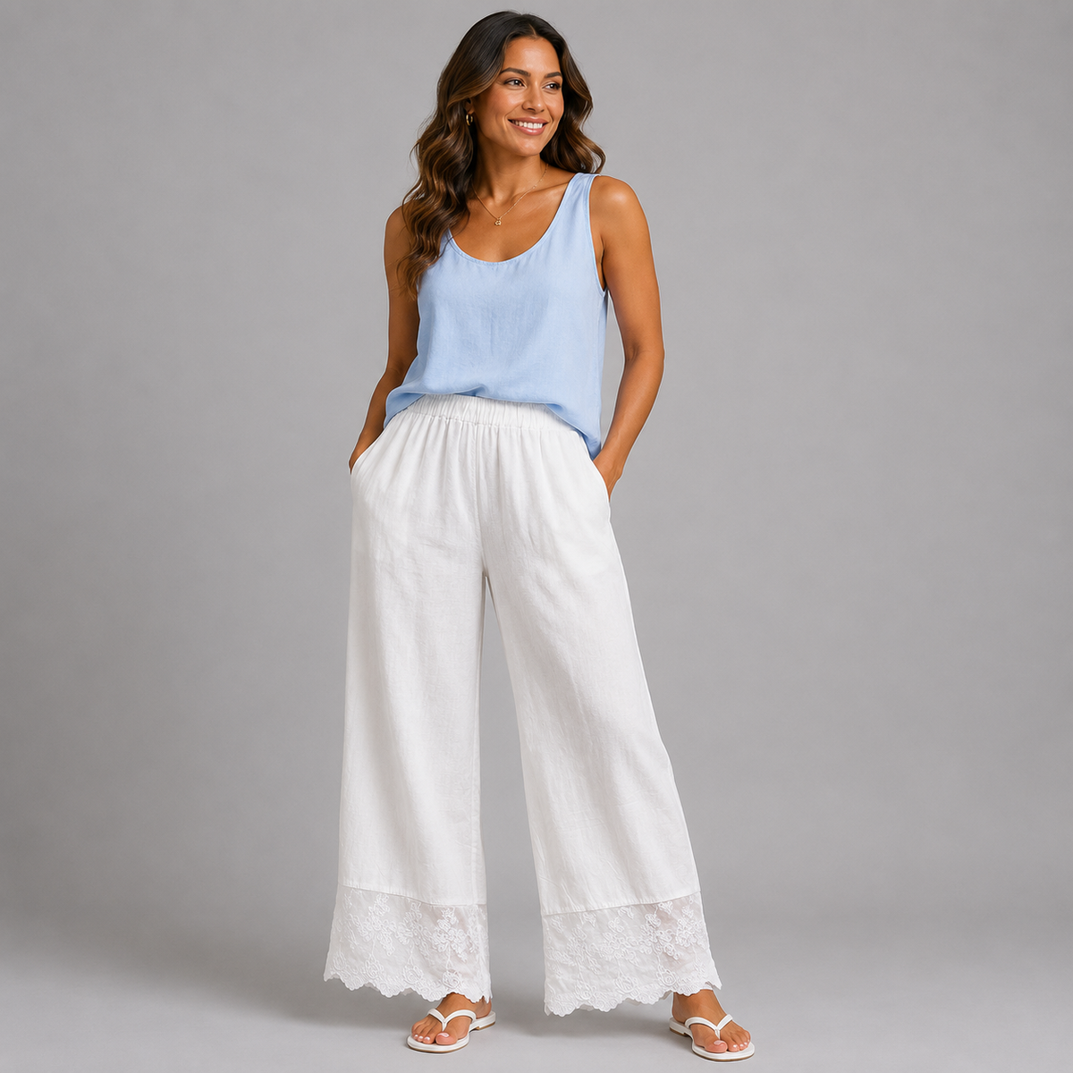 EMBROIDERED Hem Cotton / Linen Embroidered Trousers