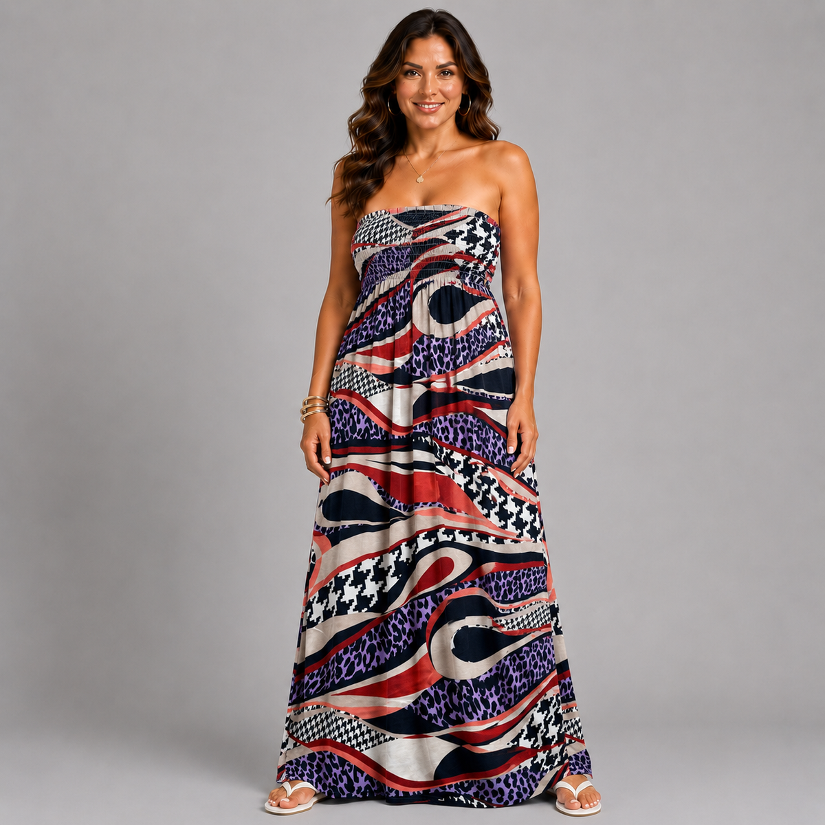 Rust Abstract Strapless Boob Tube Maxi Dress