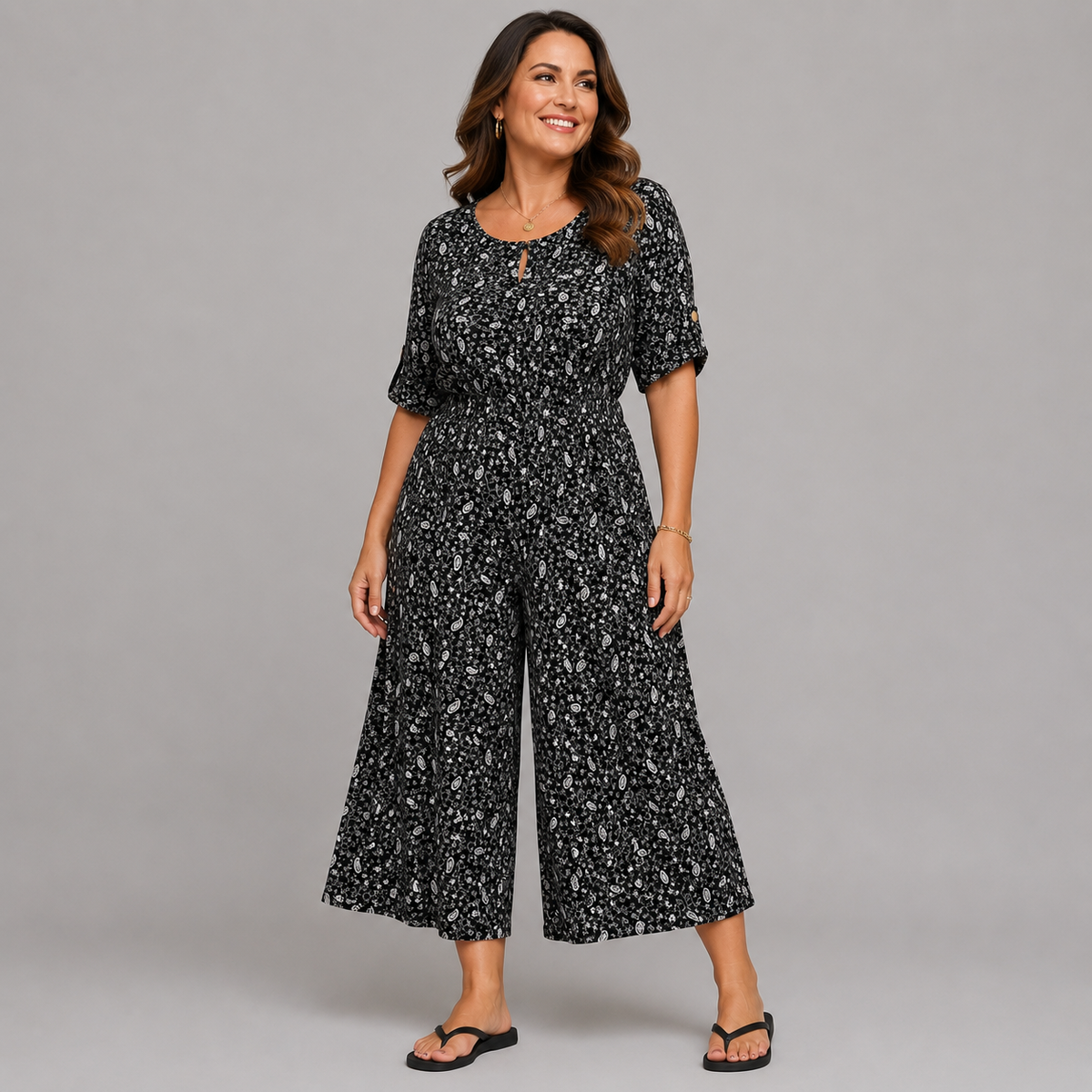 Black White Leaf Print 1/2 Sleeve Culotte Style Jumpsuit