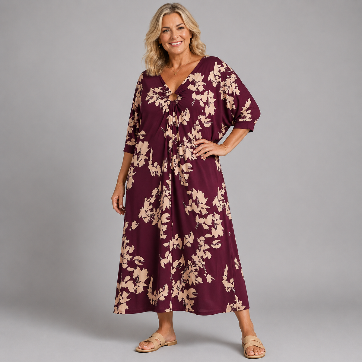 Leaf Print V Neck Batwing Dress