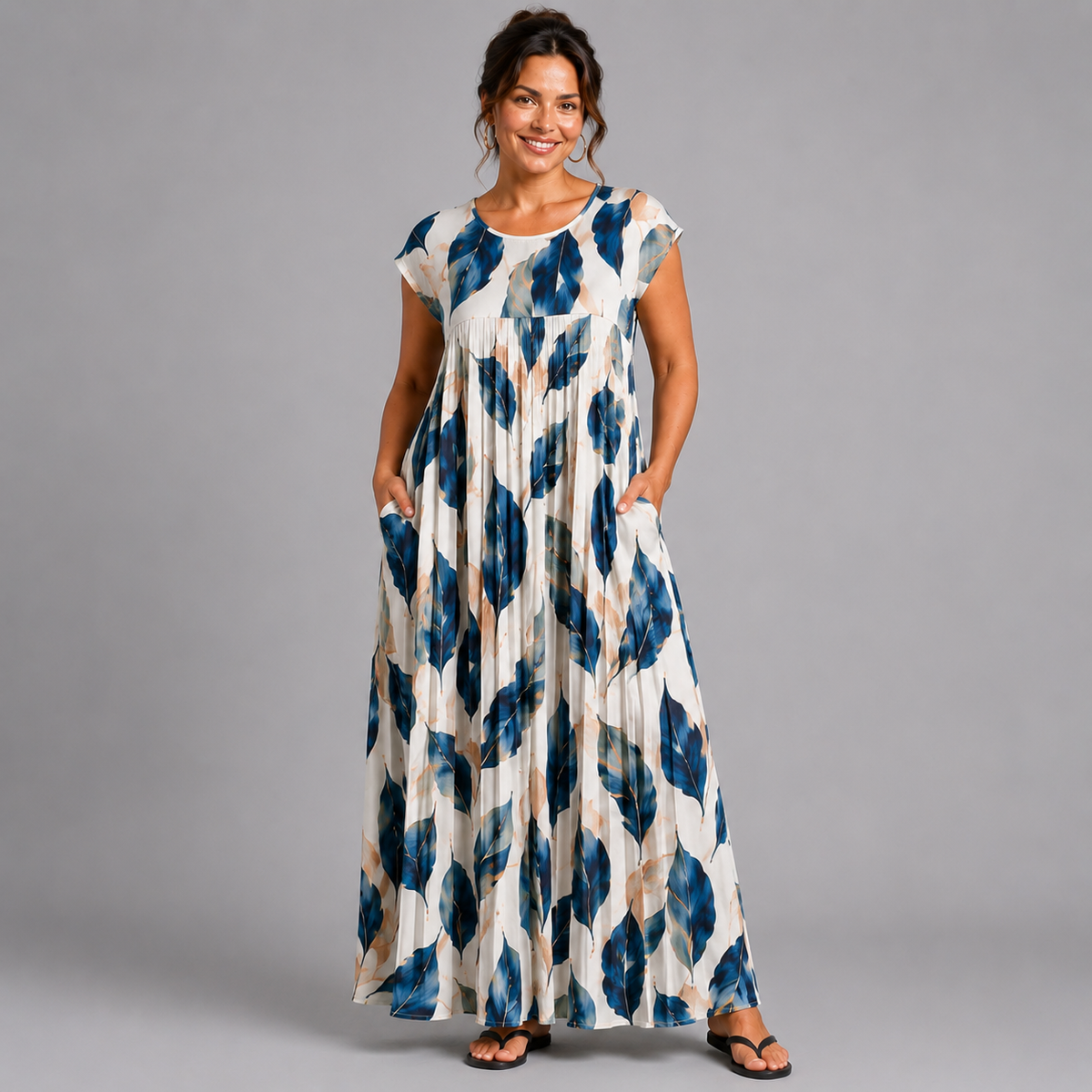 Pleated Leaf Print Print Maxi Dress with Pockets