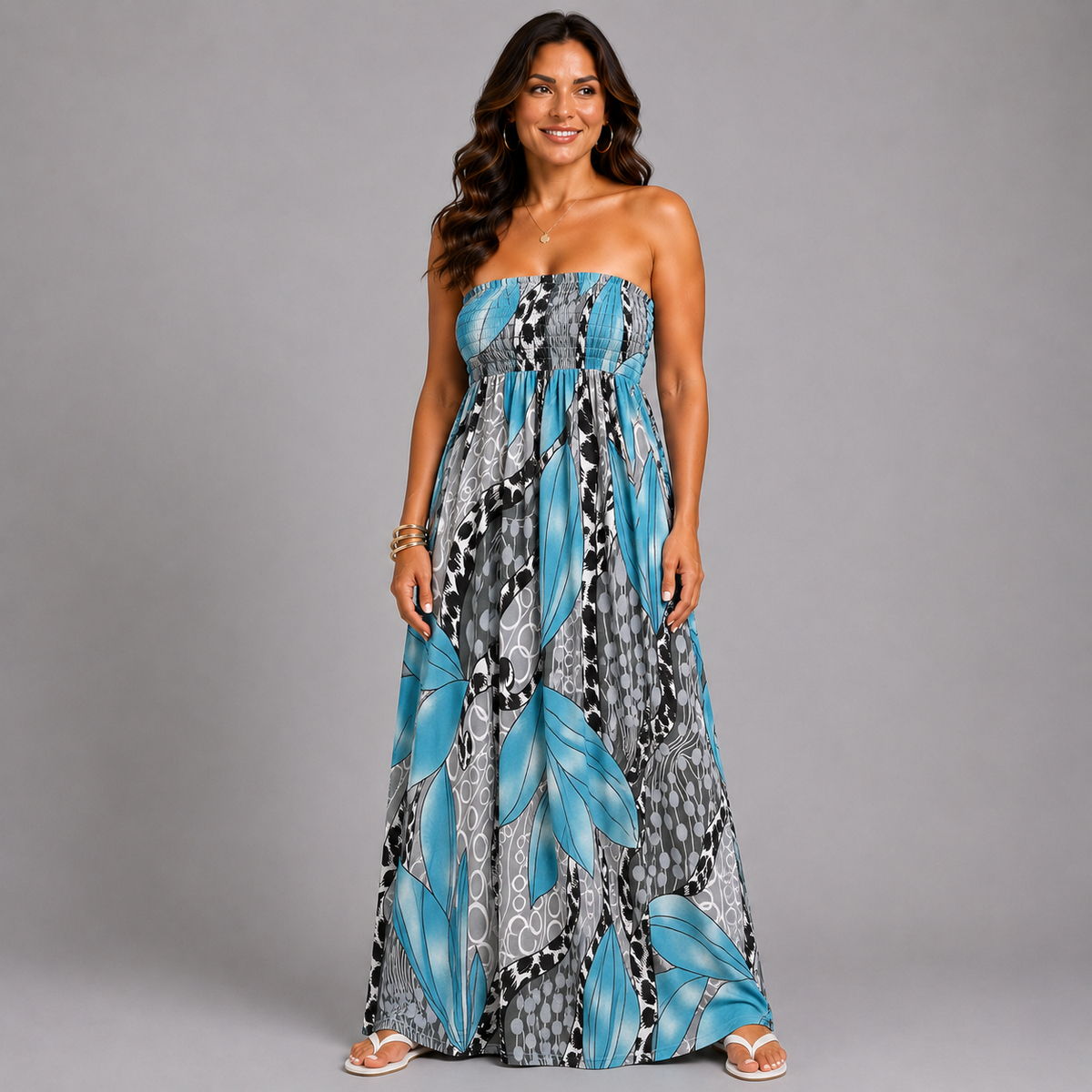 Abstract Print Slinky Strapless Boob Tube Maxi Dress