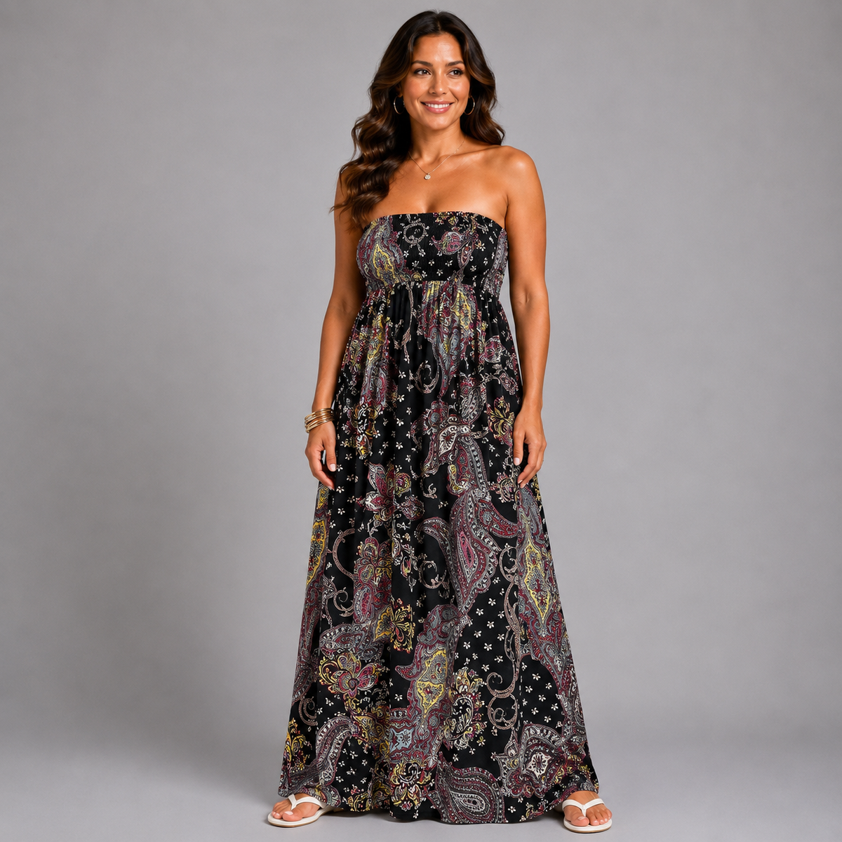 Black Paisley Print Slinky Strapless Boob Tube Maxi Dress