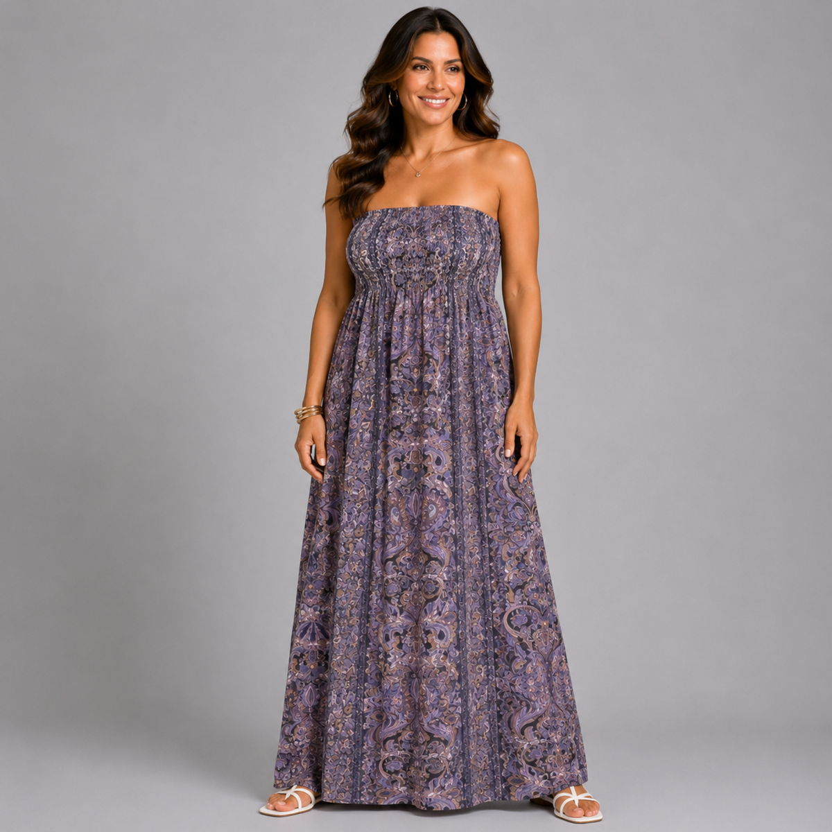 Purple Tile Print Slinky Strapless Boob Tube Maxi Dress
