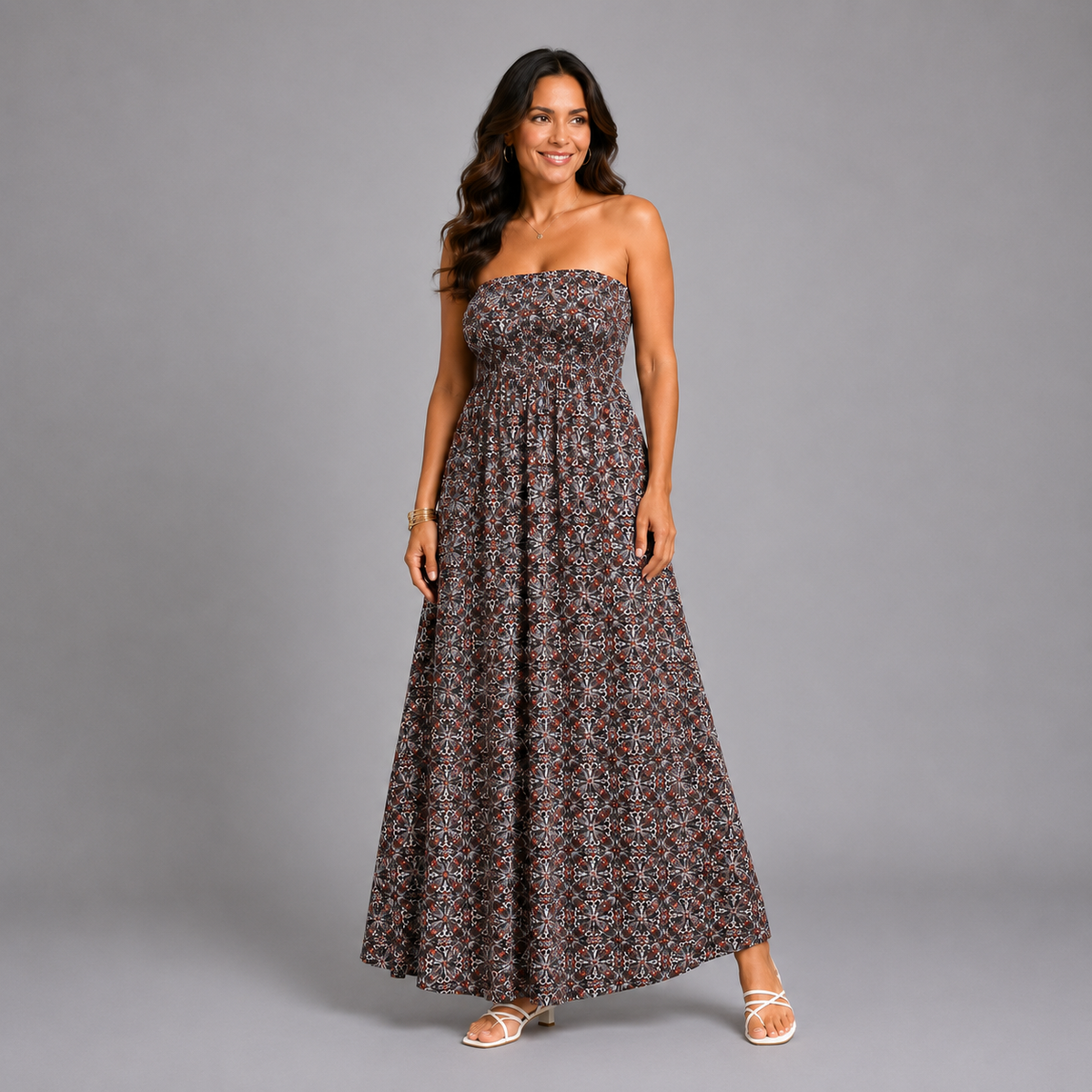 Brown Purple Strapless Boob Tube Maxi Dress