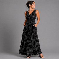 Black White Polka Dot Sleeveless V Neck maxi Dress with side Pockets