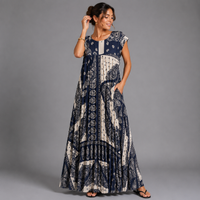 Pleated Tile Print Maxi Dress with Pockets