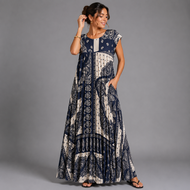 Pleated Tile Print Maxi Dress with Pockets