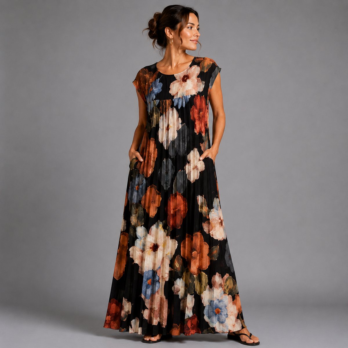 Pleated Floral Print Maxi Dress with Pockets
