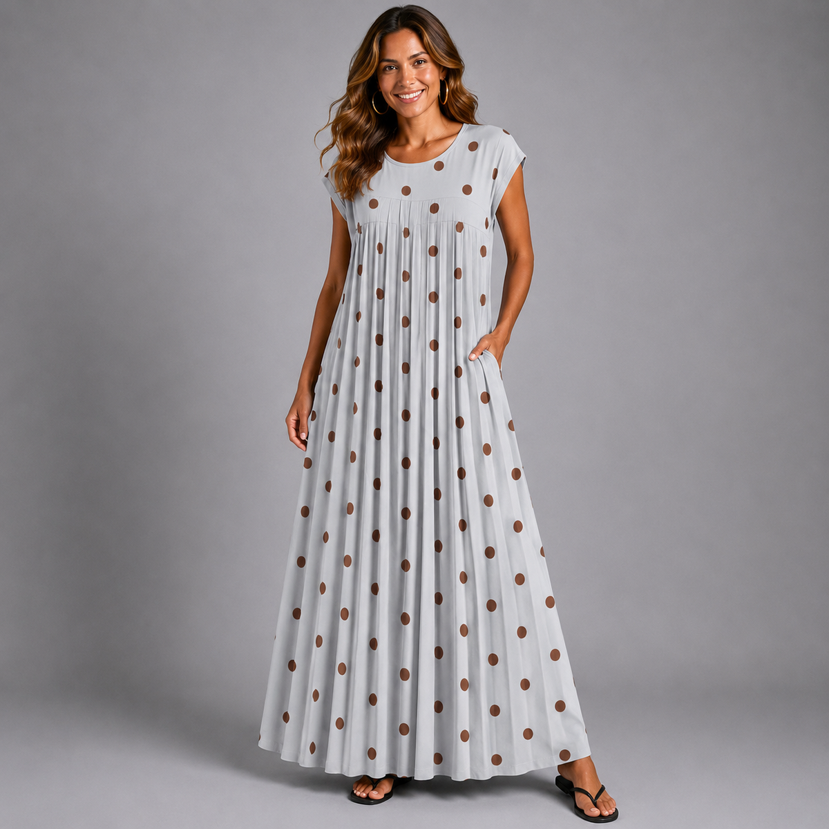 Pleated Bold Polka Dot Print Maxi Dress