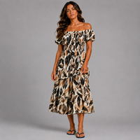Leaf Print Bardot Gypsy Midi Dress