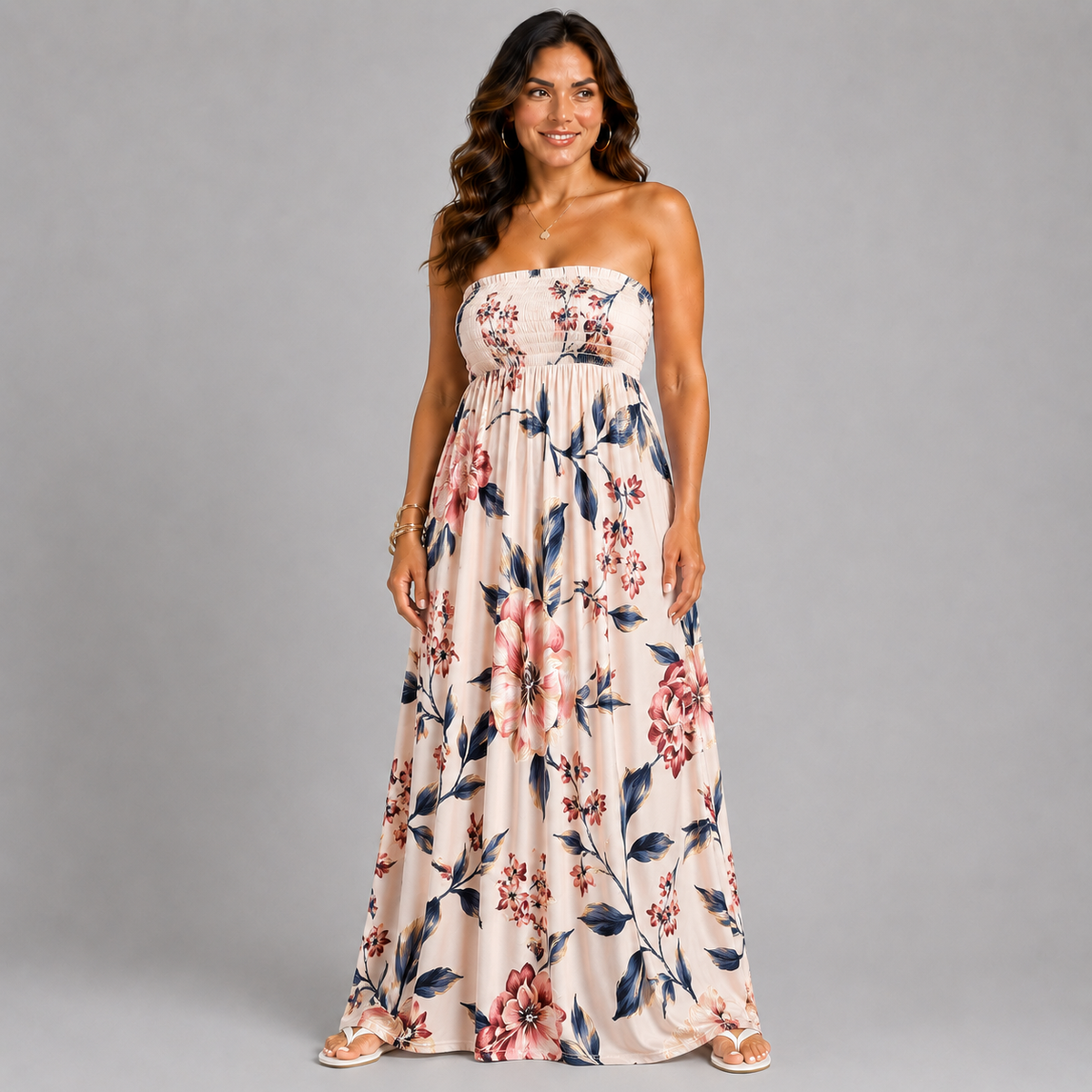 Cream Floral Print Slinky Strapless Boob Tube Maxi Dress