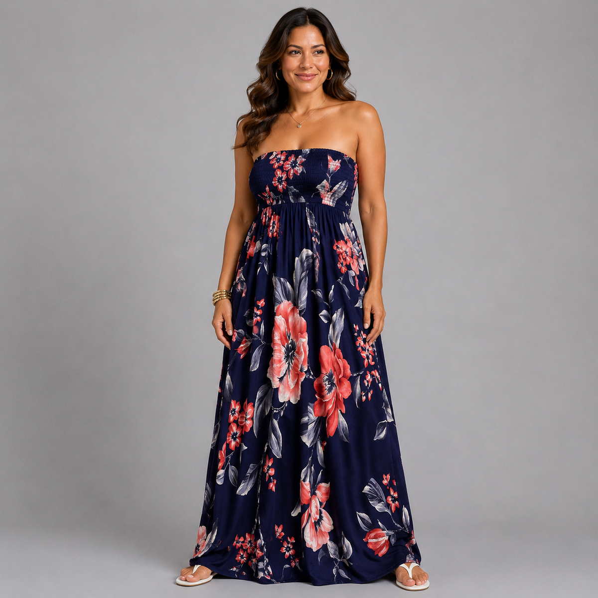 Navy Red Floral Slinky Strapless Boob Tube Maxi Dress