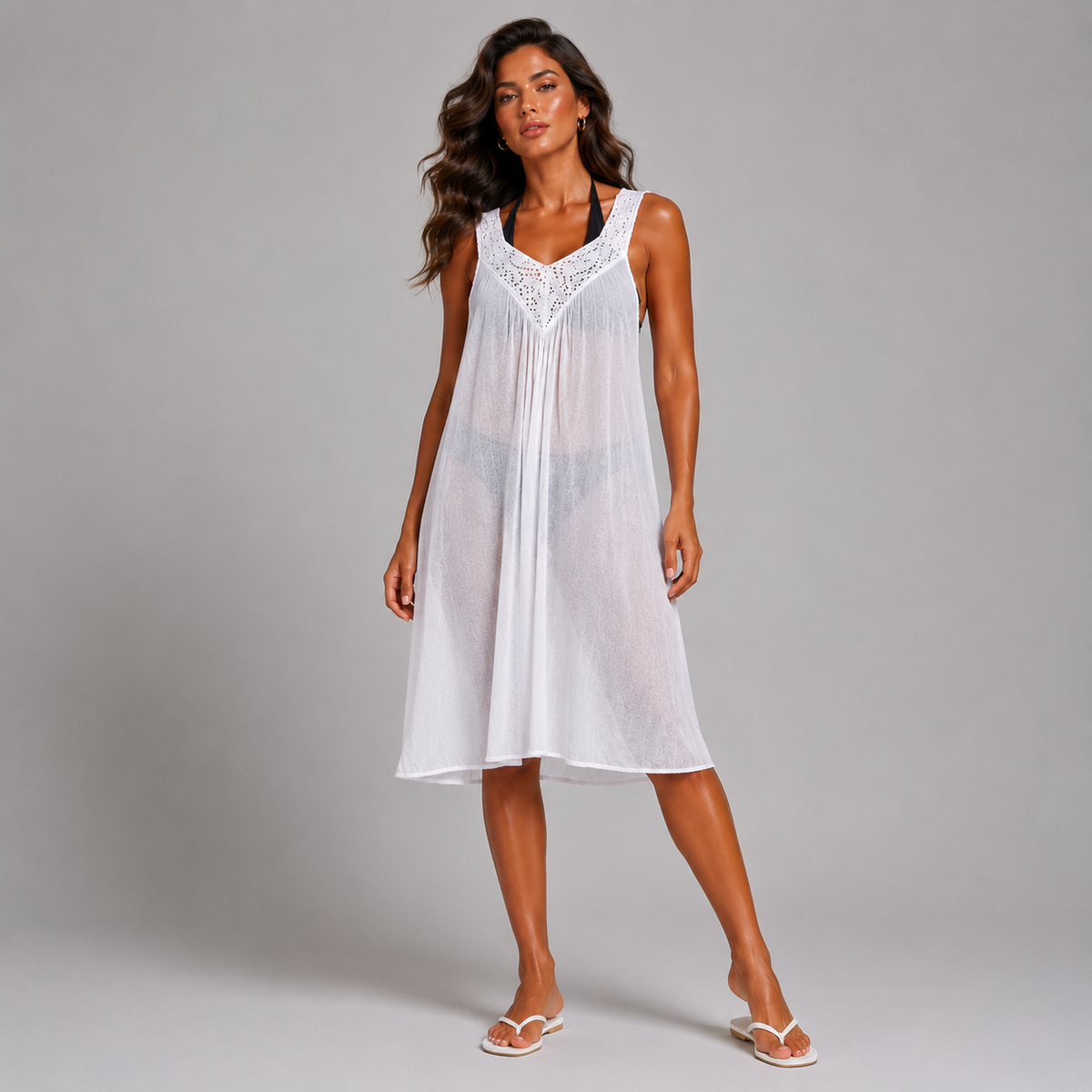 White V-Neck Dress with Pretty Crochet Neck Detail
