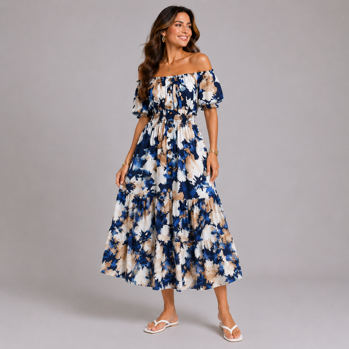 Floral print elastic waist gypsy Midi Dress