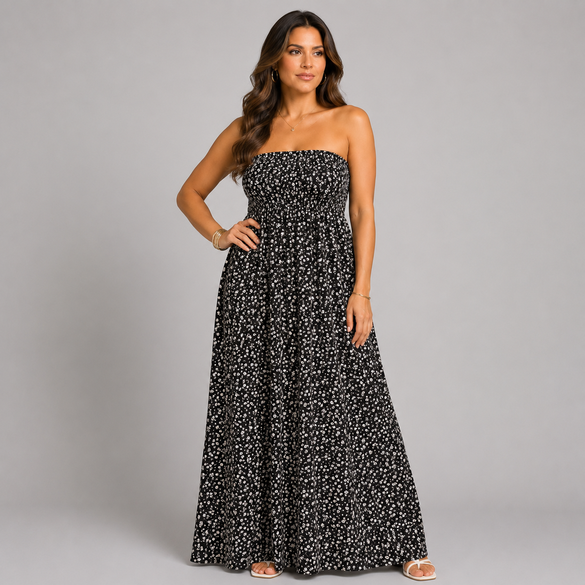Black White Ditsy Floral Strapless Boob Tube Maxi Dress