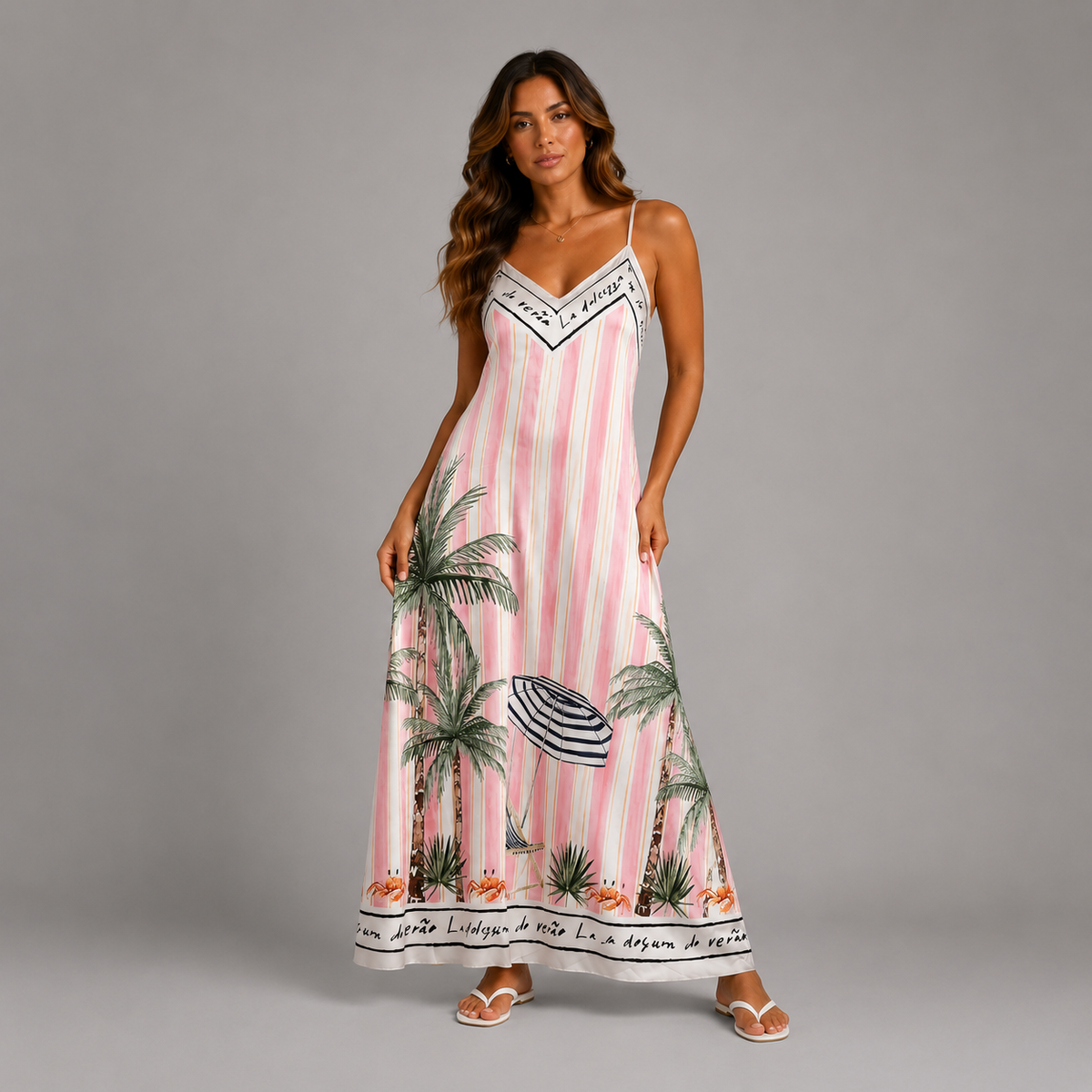 Strappy Satin Maxi Dress with Holiday Scene