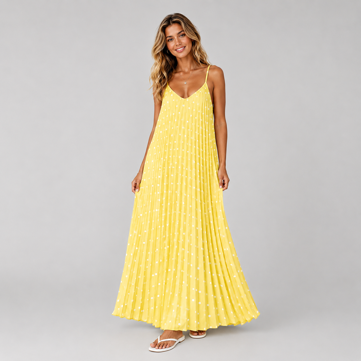 Strappy Polka Dot Pleated Maxi Dress
