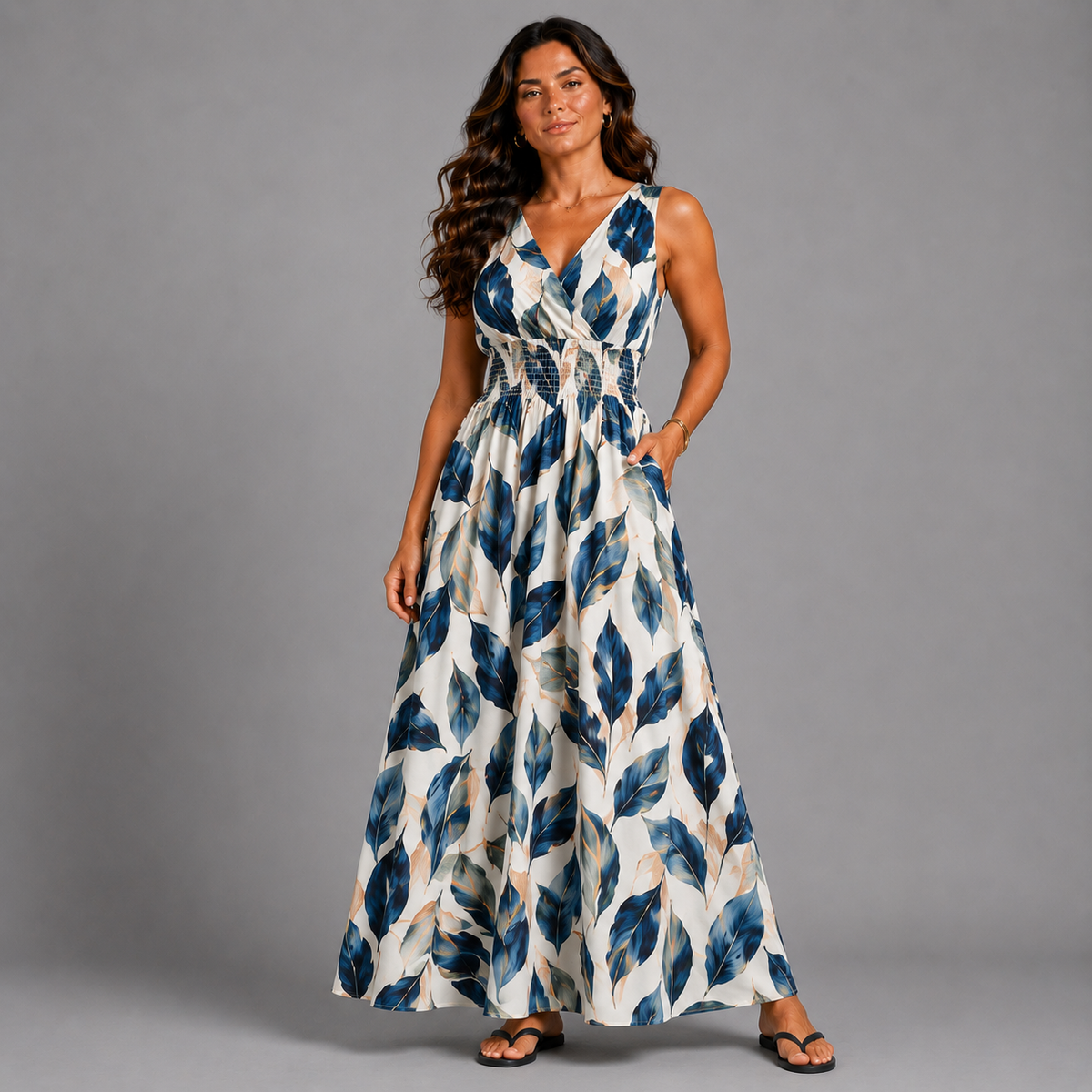 Leaf Print Sleeveless V Neck maxi Dress with side Pockets