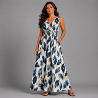 Leaf Print Sleeveless V Neck maxi Dress with side Pockets