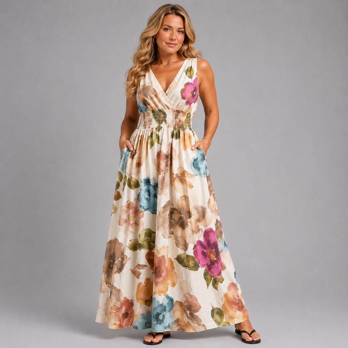 Floral Sleeveless V Neck maxi Dress with side Pockets