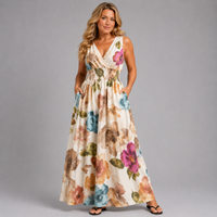 Floral Sleeveless V Neck maxi Dress with side Pockets