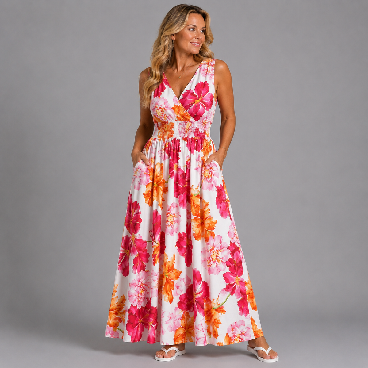 Floral Print Sleeveless V Neck maxi Dress with side Pockets