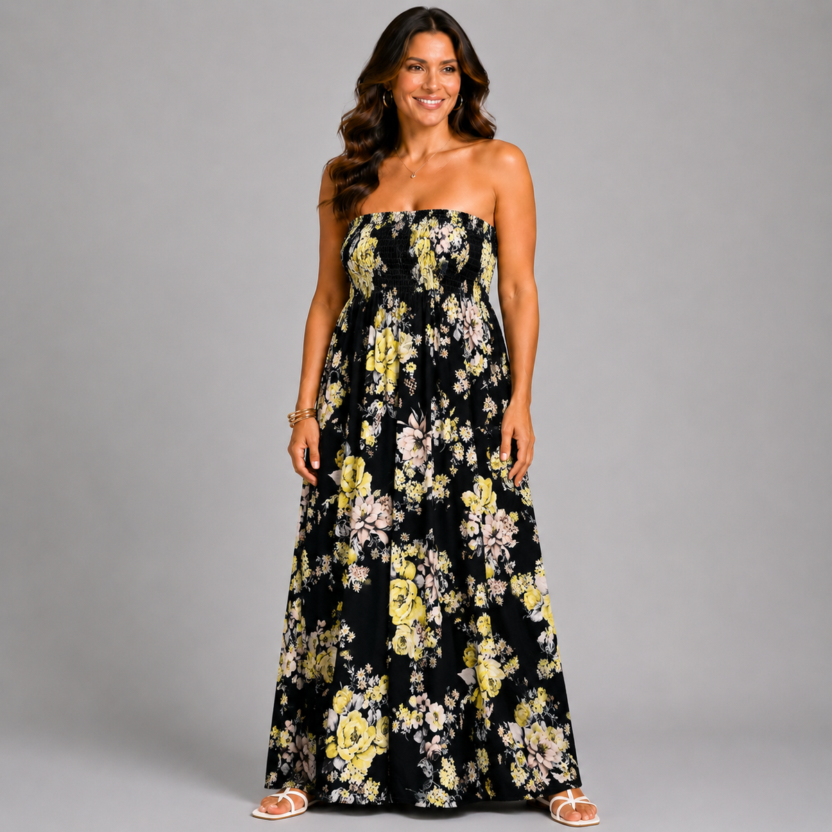 Black Yellow Floral Strapless Boob Tube Maxi Dress