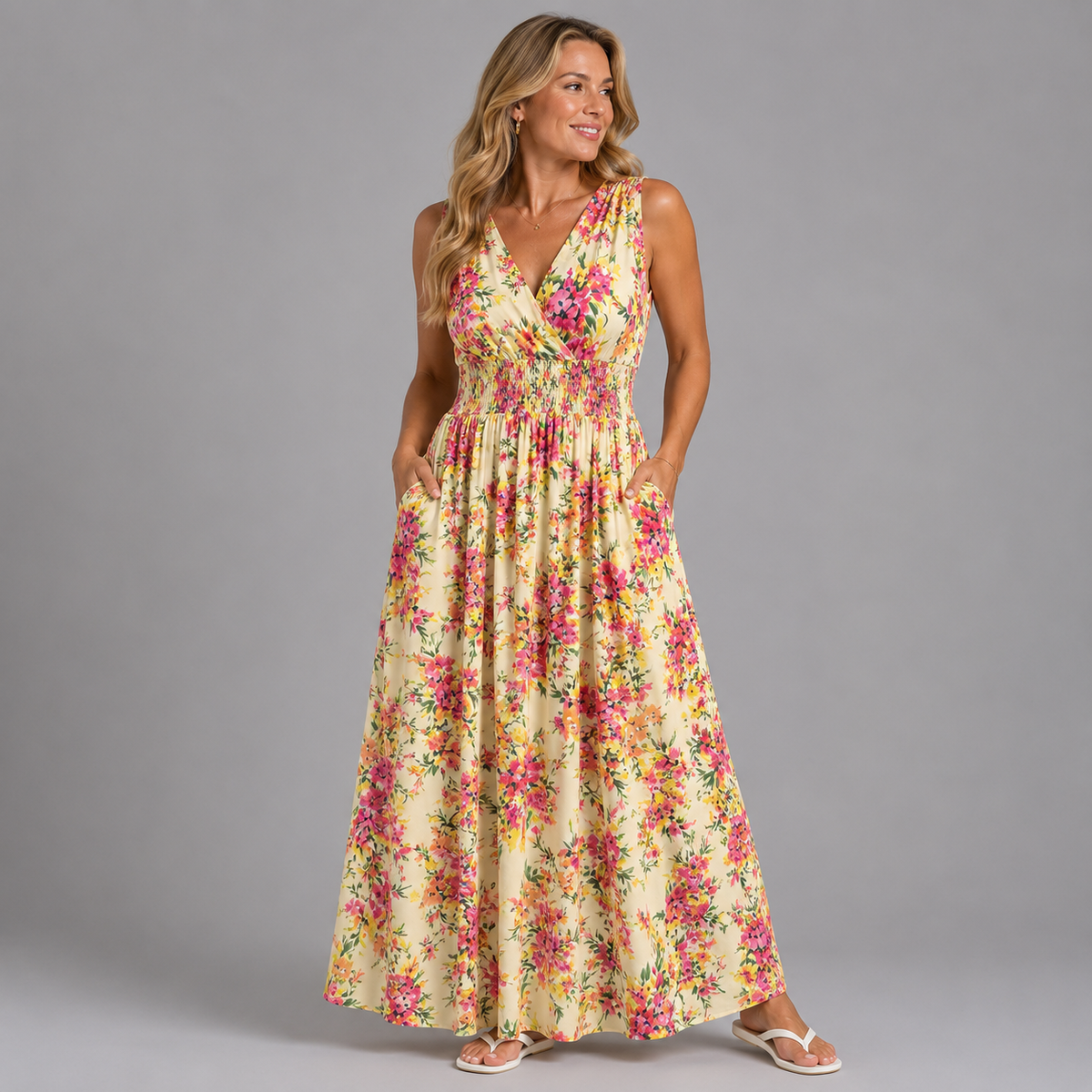 Cream Floral Sleeveless V Neck maxi Dress with side Pockets